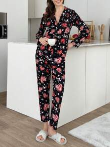 RueChic 2pcs Suede Button Front With Contrast Colour Slogan&Heart Printed Homewear Set - Black - View 3