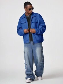 Manfinity VCAY Men's Solid Color Cargo Pocket Zip Front Long Sleeve Shacket, For Fall Winter - Navy Blue - View 4