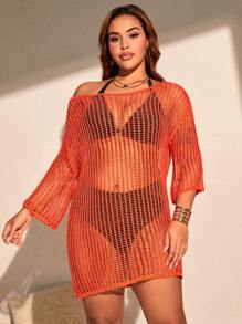 SHEIN Swim Curve 大码女式镂空钩针性感罩衫，适合夏季海滩度假