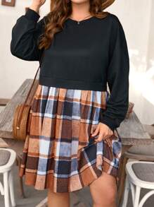 SHEIN LUNE Plus Size Knit & Woven Patchwork Fitted Casual Dress