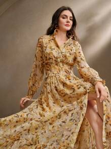 Anewsta Vestito da donna elegante per vacanze, appuntamenti romantici, festa, con colletto alto, maniche a lanterna, balze all'orlo, motivo floreale ditsy, abiti primaverili per donna