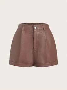 SHEIN EZwear Summer Black Y2k High Waist Roll Up Hem PU Shorts - Brown - View 1