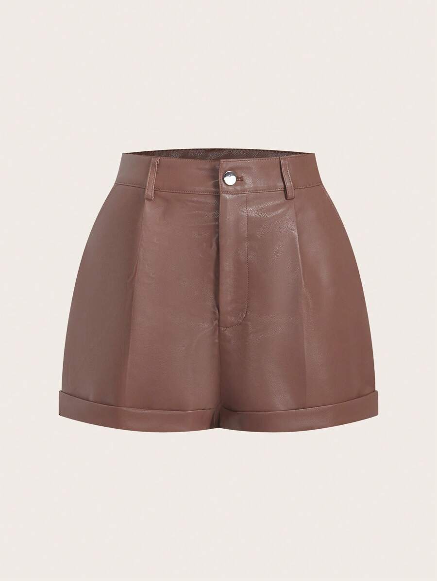 SHEIN EZwear Summer Black Y2k High Waist Roll Up Hem PU Shorts - Brown - View 1
