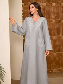 Al Najma Women's V-Neck Long Sleeve Pocket Plant Embroidery Arabic Style Dress, Kaftan & Jalabiya,Modest