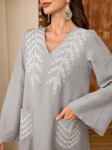 Al Najma Women's V-Neck Long Sleeve Pocket Plant Embroidery Arabic Style Dress, Kaftan & Jalabiya,Modest
