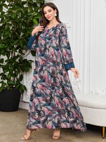 Al Najma 深 V 领前扣雪纺拼布全身印花阿拉伯风格连衣裙，端庄 - 彩色 - 查看 4