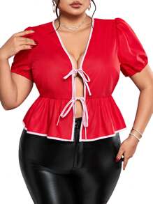 SHEIN ICON Plus Size Red Contrast Bow-Knot V-Neck Babydoll Shirt, Valentine's Day Date - Burgundy - View 1
