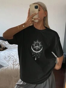 DAZY 女士纯色圆领长款宽松短袖 T 恤图案 T 恤超大码 T 恤