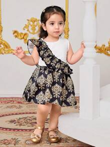 SHEIN Leap Crew Baby Girl Floral Print Summer Vacation Elegant Cute Short Sleeve Top And Mini Skirt Set - Black and White - View 3