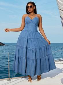 SHEIN SXY Plus Size Bohemian Style Denim Suspender High-Low Ruffle Dress - Blue - View 4