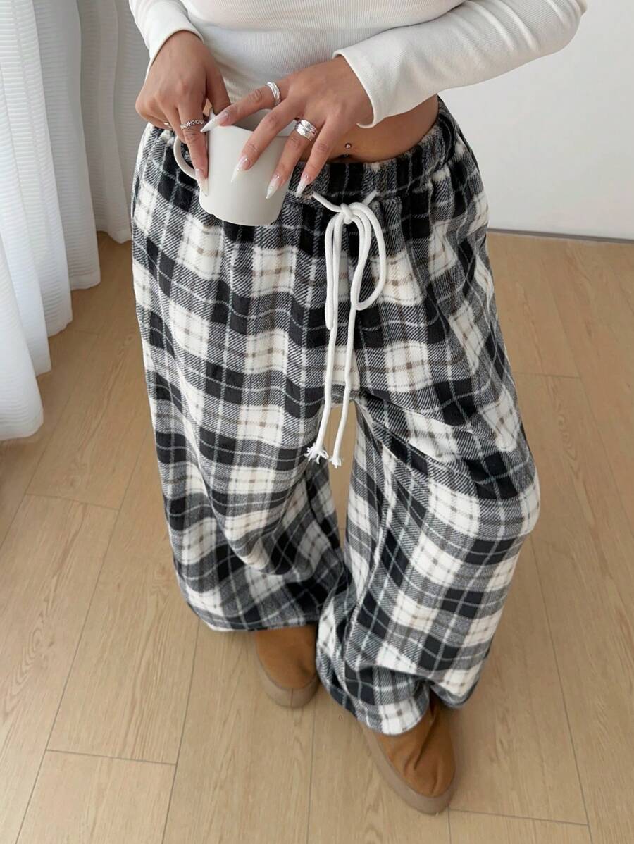 Flirla Women's Warm Plaid Print Fluffy Elastic Waist Drawstring Wide Leg Pants - Black and White - View 1