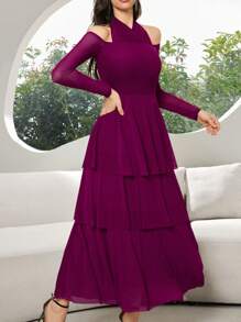 Modelyn Women's Solid Color Ruffle Long Sleeve Ruffle Hem Elegant Dress - Red Violet - View 2