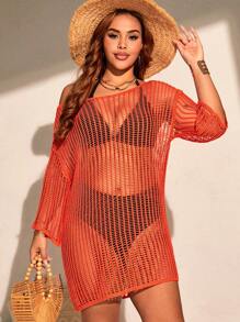 SHEIN Swim Curve 大码女式镂空钩针性感罩衫，适合夏季海滩度假