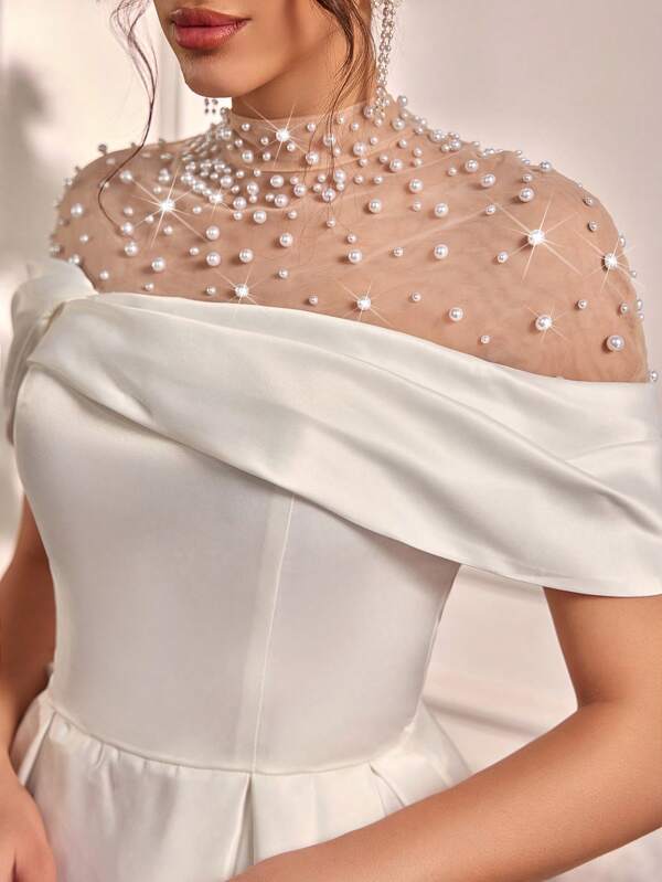 Lovelzi Elegant Off Shoulder Sleeve Collar Luxury Rhinestone Pearl Satin Ruffle Dress, Suitable For Weddings, Parties, Honeymoons, Bridal Showers, Gift-Giving,Bride