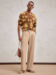 AKNOTIC Business Casual Men's Form-Fitting Revere Collar Open Front Short Sleeve Knitted Top, Suitable For Everyday Wear - Multicolor - View 1