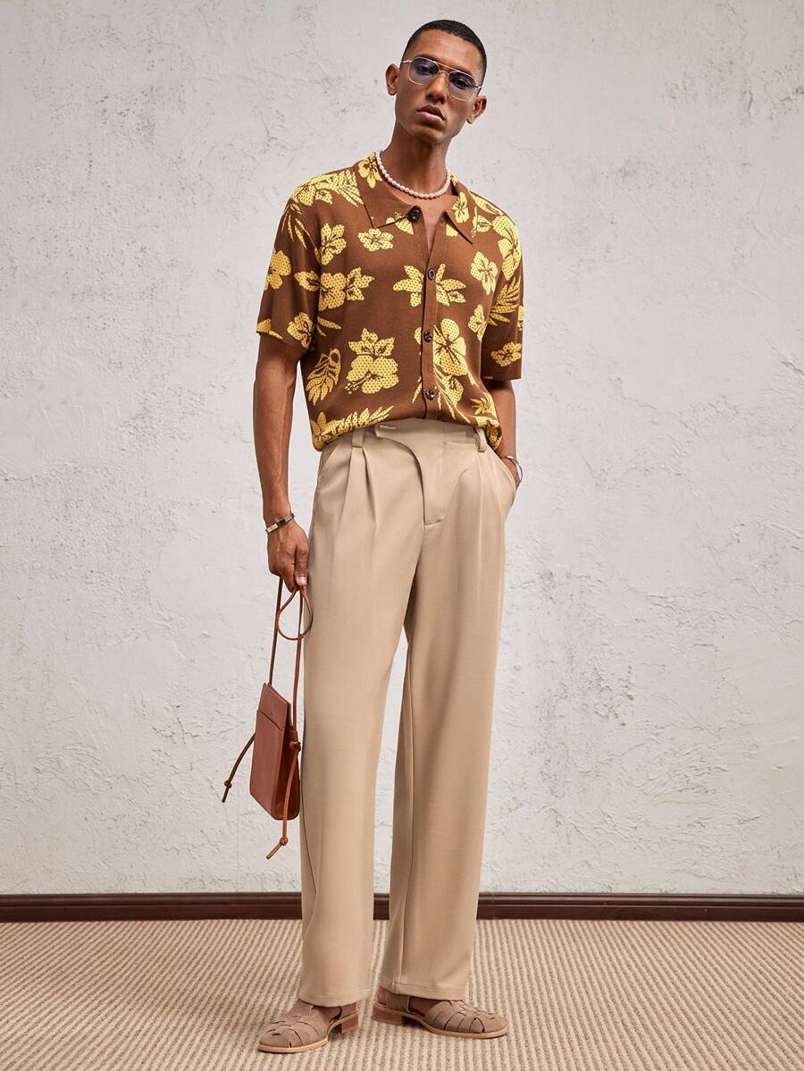 AKNOTIC Business Casual Men's Form-Fitting Revere Collar Open Front Short Sleeve Knitted Top, Suitable For Everyday Wear - Multicolor - View 1