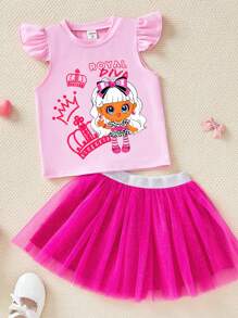 2pcs/Set Girl Letter & Cartoon Graphic Round Neck Cap Sleeve Top With Mesh Skirt - Pink - View 1