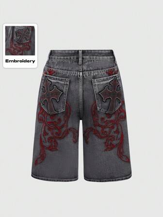Grunge Punk Distressed Cross Embroidery Detail Washed Denim Shorts
