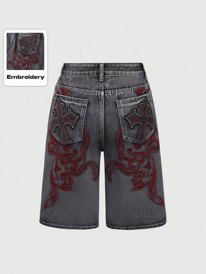 Grunge Punk Short en jean délavé avec détail de broderie de croix distressé