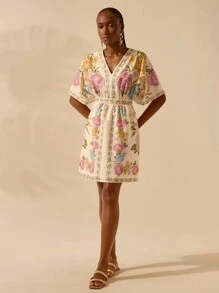 CAJUNI Women's Boho Floral Print V-Neck Loose Beach Mini Dress, Casual For Summer Vacation - Multicolor - View 7