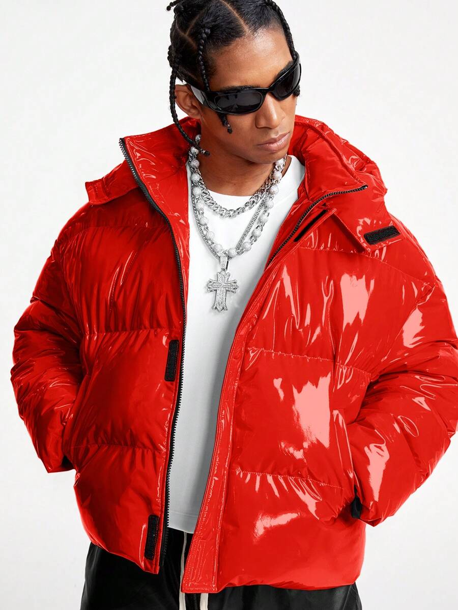 Manfinity RebelGame Chaqueta con capucha casual de unicolor con cremallera brillante, estilo collar, invierno para hombre