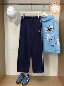 SHEIN Leap Crew Teen Boys' Loose Straight Leg Pants With Contrast Black Trim, Versatile Casual Trousers Suitable For Autumn, Winter, School, Home, Daily Wear, Sports, Birthday Party, Outings - Minimalist Style With Thermal Lined, Retro - Navy Blue - View 1