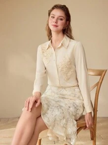 MOTF PREMIUM Camisa abotonada con parches florales - Champán - Ver 4
