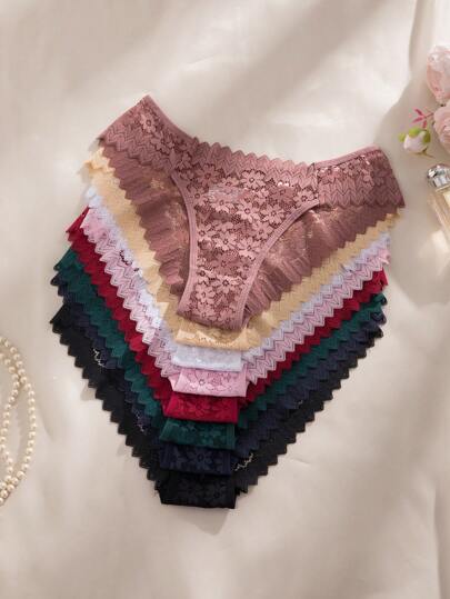 8pcs/Set Romantic Sexy Lace Women's Thong Panties, Sheer Underwear Lingerie