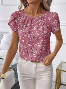 SHEIN Clasi 休闲通勤小碎花花瓣袖褶皱衬衫 - 粉色 - 查看 5