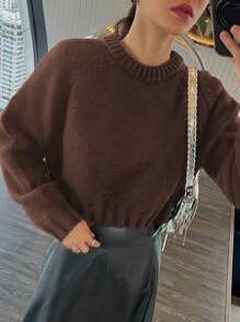 DAZY Women Solid Color Round Neck Loose Casual Pullover Sweater,Fall Clothes - Coffee Brown - View 5