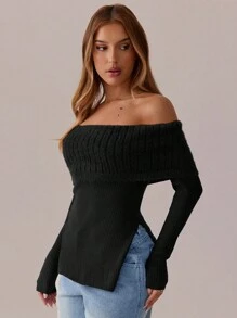 SHEIN SXY 1 pieza Suéter de punto con hombros descubiertos para mujeres, Navidad, Acción de Gracias, Año Nuevo - Negro - Ver 6