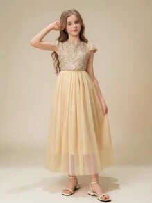 Tween Girl Lace & Mesh Patchwork Sleeveless Round Neck Elegant Party Dress, Flared A-Line Skirt, Suitable For Party, Valentine's Day, Wedding, Flower Girl & Bridesmaid