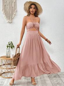 SHEIN VCAY Women's Solid Color Hollow Out Waist & Halter Neck Vacation Dress