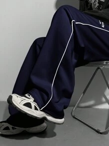 SHEIN Leap Crew Teen Boys' Loose Straight Leg Pants With Contrast Black Trim, Versatile Casual Trousers Suitable For Autumn, Winter, School, Home, Daily Wear, Sports, Birthday Party, Outings - Minimalist Style With Thermal Lined, Retro - Navy Blue - View 6