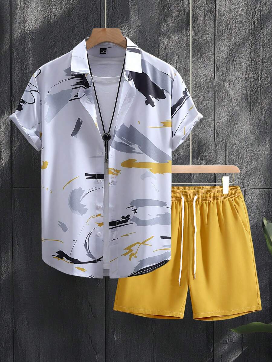 Manfinity RSRT Men Beach Outfits Tropical Print Shirt & Drawstring Waist Shorts Men Clothes Set Summer Sets For Men Summer Men Summer Clothes Set Short Sets For Men Men Outfit Sets - Yellow - View 1