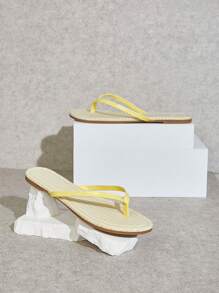 SHUZIA 女士格纹休闲人字拖沙滩凉鞋 - 黃色 - 查看 2