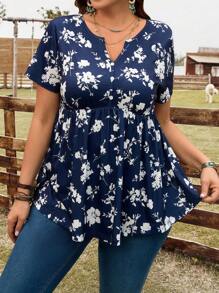 EMERY ROSE 大码女式印花V领短袖T恤，度假装扮，波西米亚风女装