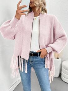 SHEIN LUNE Cardigan casual feminino com zíper frontal de cor sólida, minimalista e moderno para uso diário - Baby Rosa - Ver 8