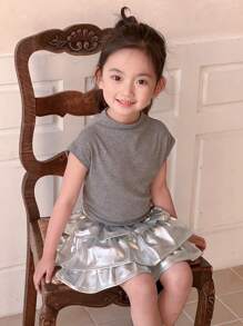 Dazy Kids Young Girl Solid Color Pleated Minimalist Casual Skirt, Vacation - Silver - View 5