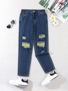 Jeans tipo mom desgarrados y rotos con cintura elástica, look casual de calle estilo bohemio para niña preadolescente, conjunto de moda diaria para chicas