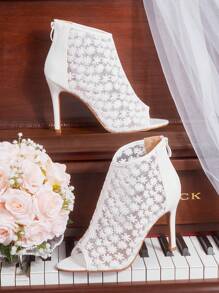 CUCCOO HITCHD Sandalias de tacón alto de encaje blanco con punta abierta para mujer, elegantes para ir al trabajo, citas, bodas, eventos formales