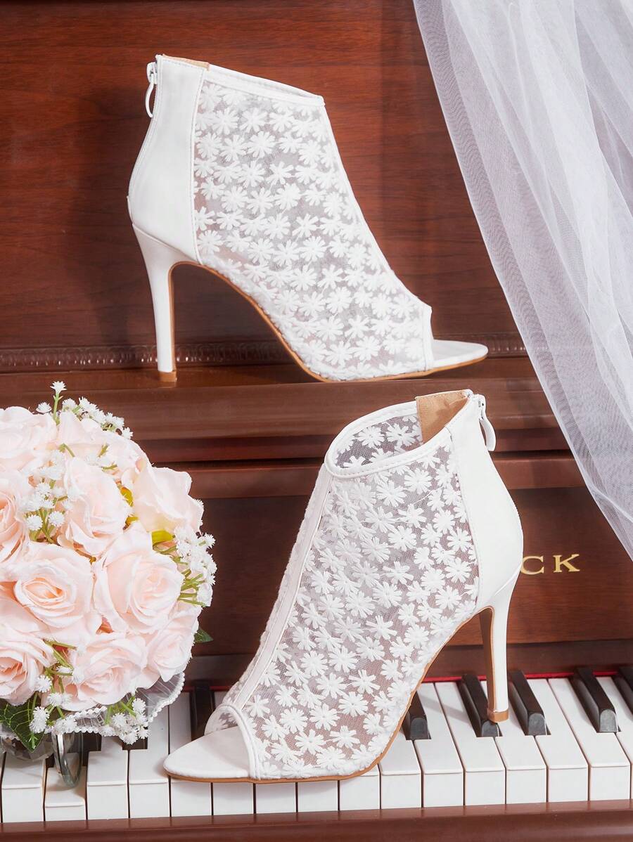 CUCCOO HITCHD Sandalias de tacón alto de encaje blanco con punta abierta para mujer, elegantes para ir al trabajo, citas, bodas, eventos formales