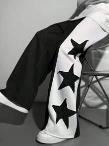 SHEIN Teen Boys 1 Piece Casual Versatile Fashion Street Style Clashing Color Plus Applique Seam Star Design Loose Wide Leg Long Sweatpants Back To School;Autumn Wear;Teen Boys Clothing;Teen Boy Jackets Autumn And Winter Clothing - Black and White - View 7