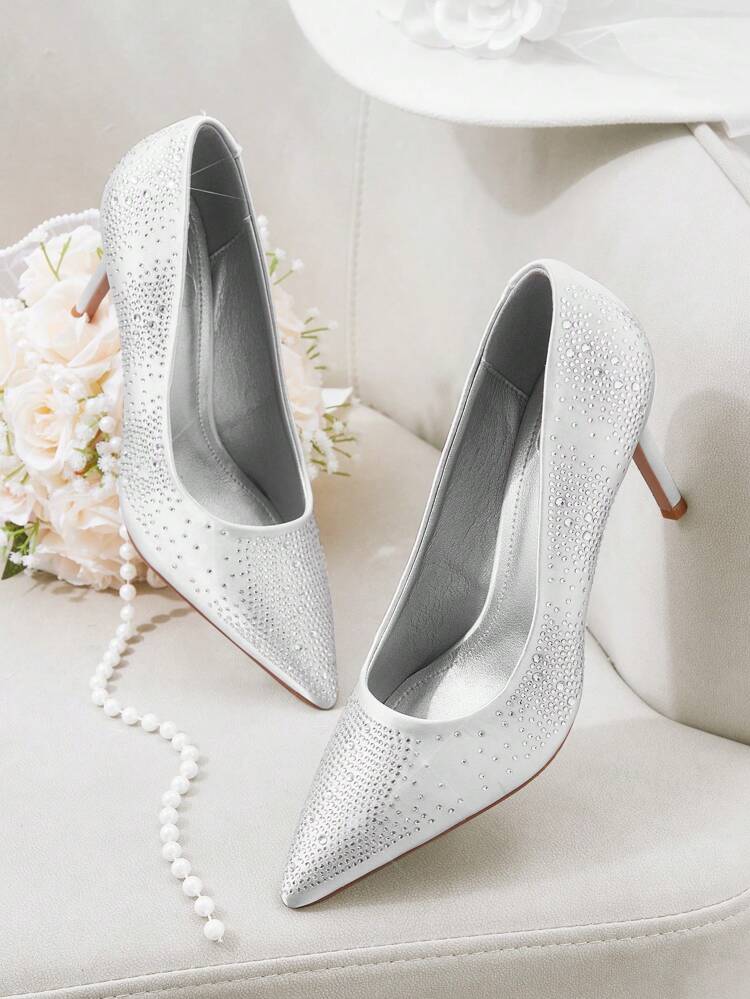 CUCCOO HITCHD Zapatos de tacón alto puntiagudos de dama con strass plateados, sexy y elegantes para ocasiones casuales, fiestas, citas y bodas