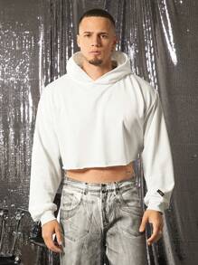 FeverCity Men's Solid Color Casual Short Loose Fit Knitted Hooded Sweatshirt - White - View 1