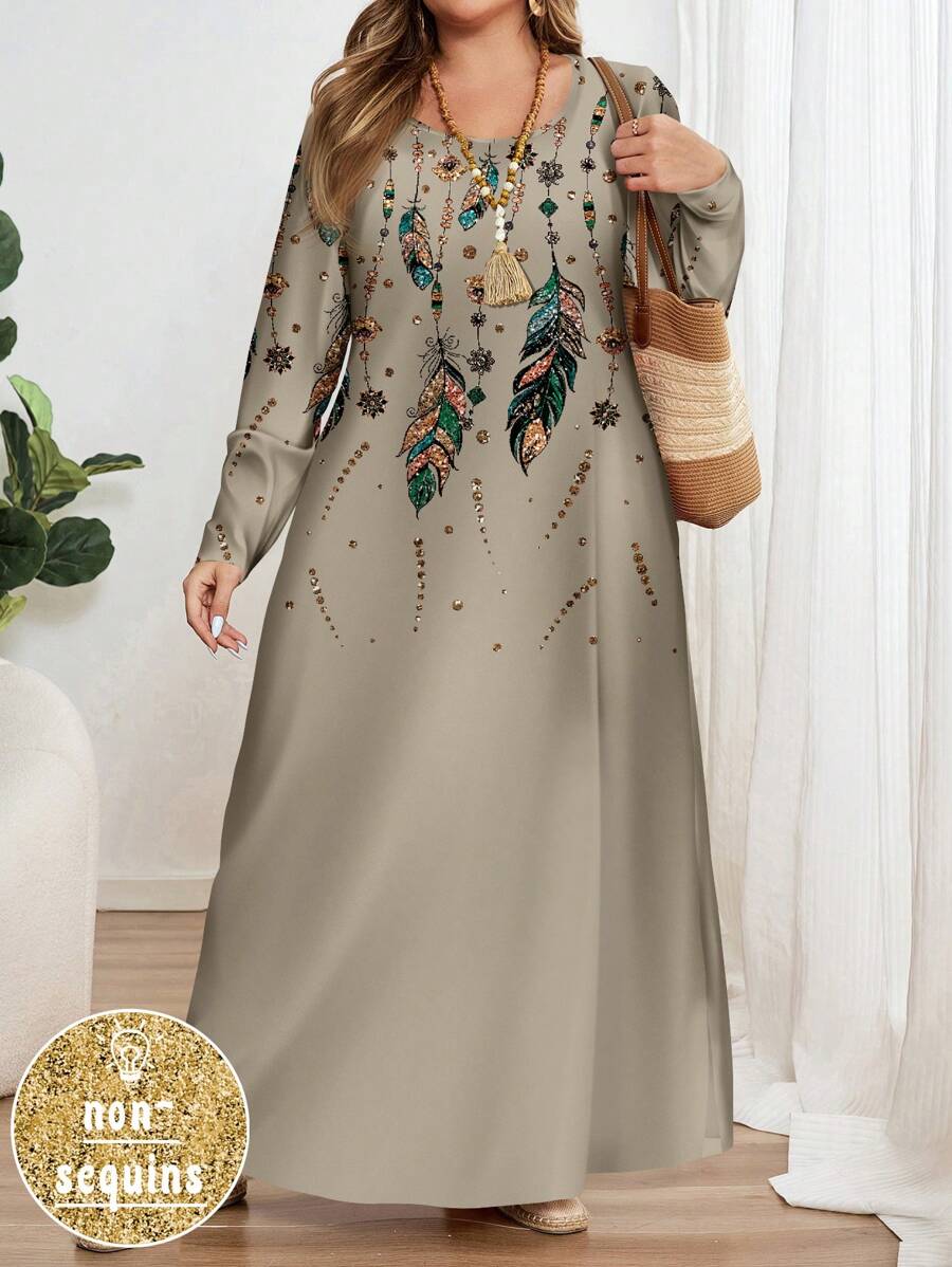 EMERY ROSE 休闲简约全印花大码长袖圆领连衣裙，适合秋冬季 - 杏色 - 查看 1