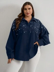 RueChic Cottnline Pearls Beaded Drop Shoulder Shirt - Navy Blue - View 6