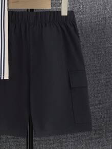 SHEIN Leap Crew 青少年男孩条纹度假海边 Polo 衫和工装短裤套装，休闲、学校、旅行、运动、度假、节日正式派对，舒适时尚 - 彩色 - 查看 4