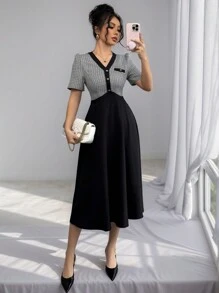 Selianne Váy chữ A tay ngắn cạp cao bằng vải tuýt màu tương phản màu đen, váy thanh lịch và trang trọng dành cho nữ - màu đen - Xem 3