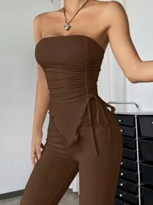 SHEIN EZwear Conjunto de 2 piezas con top camisero asimétrico fruncido color marrón mousse y pantalones acampanados, para primavera/verano - Marrón Mocha - Ver 2